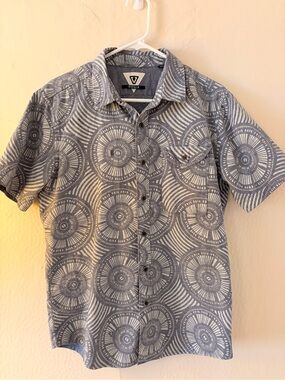 New Vissla Men's Cotton/linen Blend Grey-blue Patterned Short Sleeve Shirt